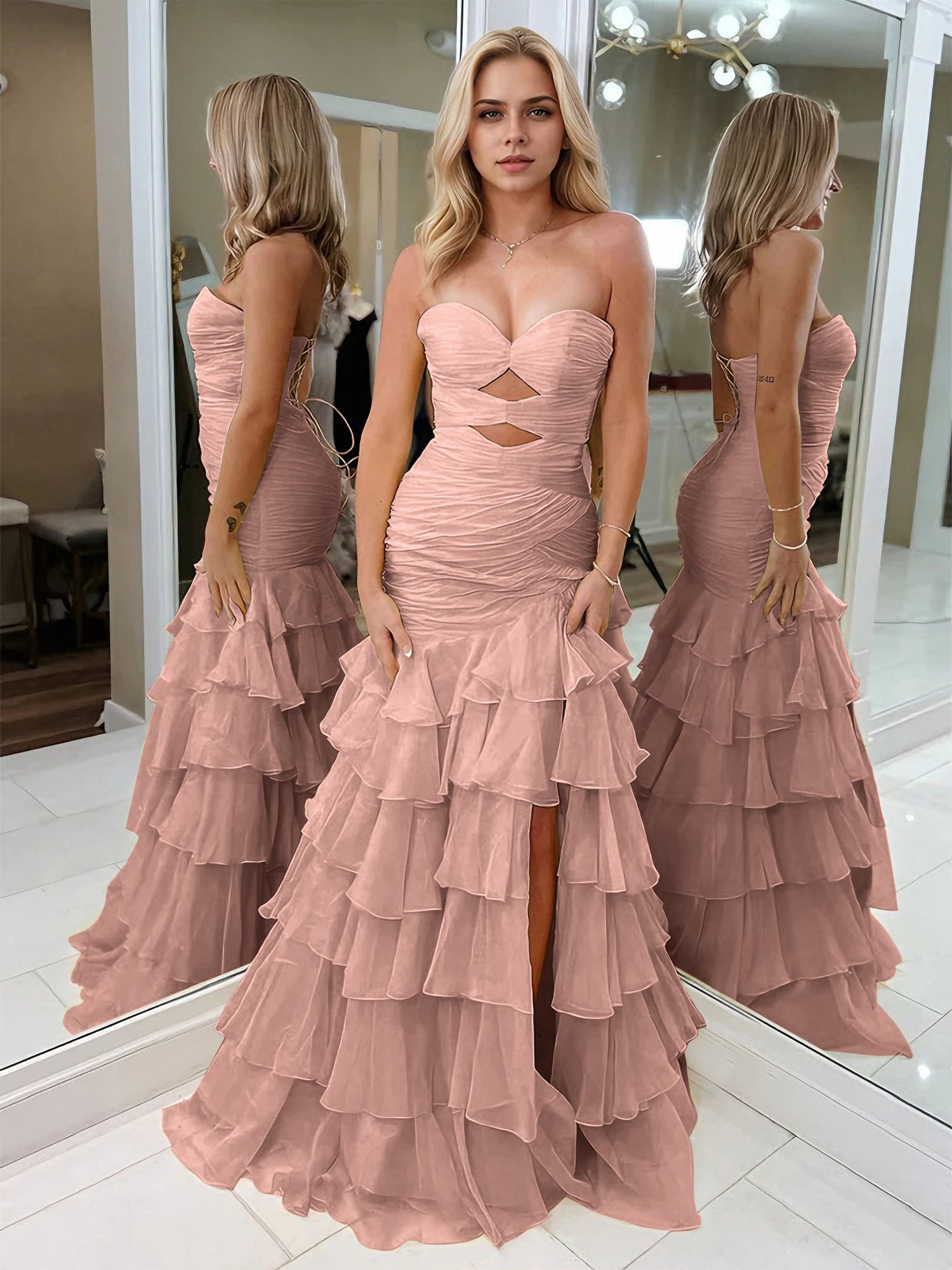 Yellow Strapless Mermaid Cutouts Ruffled Tiered Corset Back Prom Dress with Slit