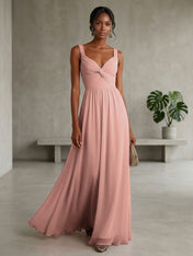 Elegant Soft Blush Twist-Front Chiffon Maxi Gown