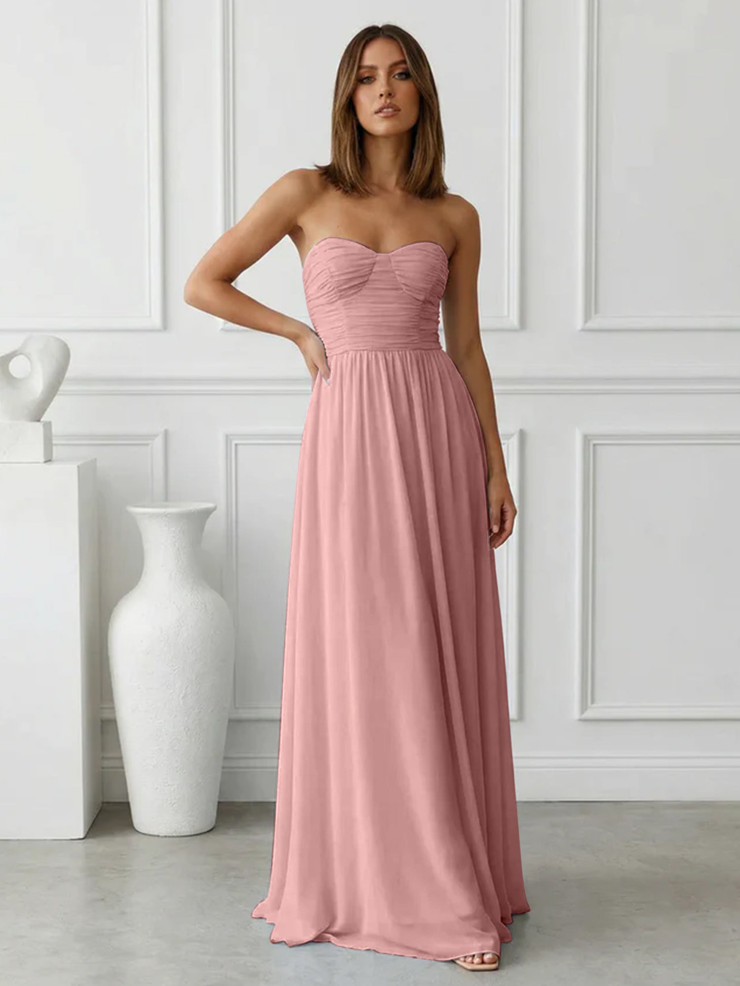 Light Blue Sweetheart Chiffon A Line Maxi Dress with Pleat