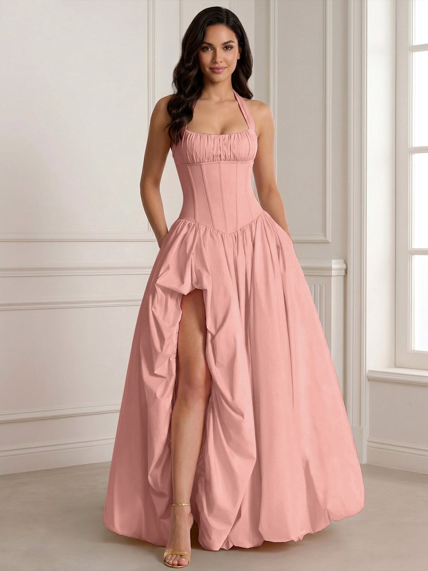 Glamorous Blush Pink Halter Corset Evening Paty Dress Gown