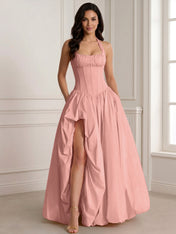 Glamorous Blush Pink Halter Corset Evening Paty Dress Gown