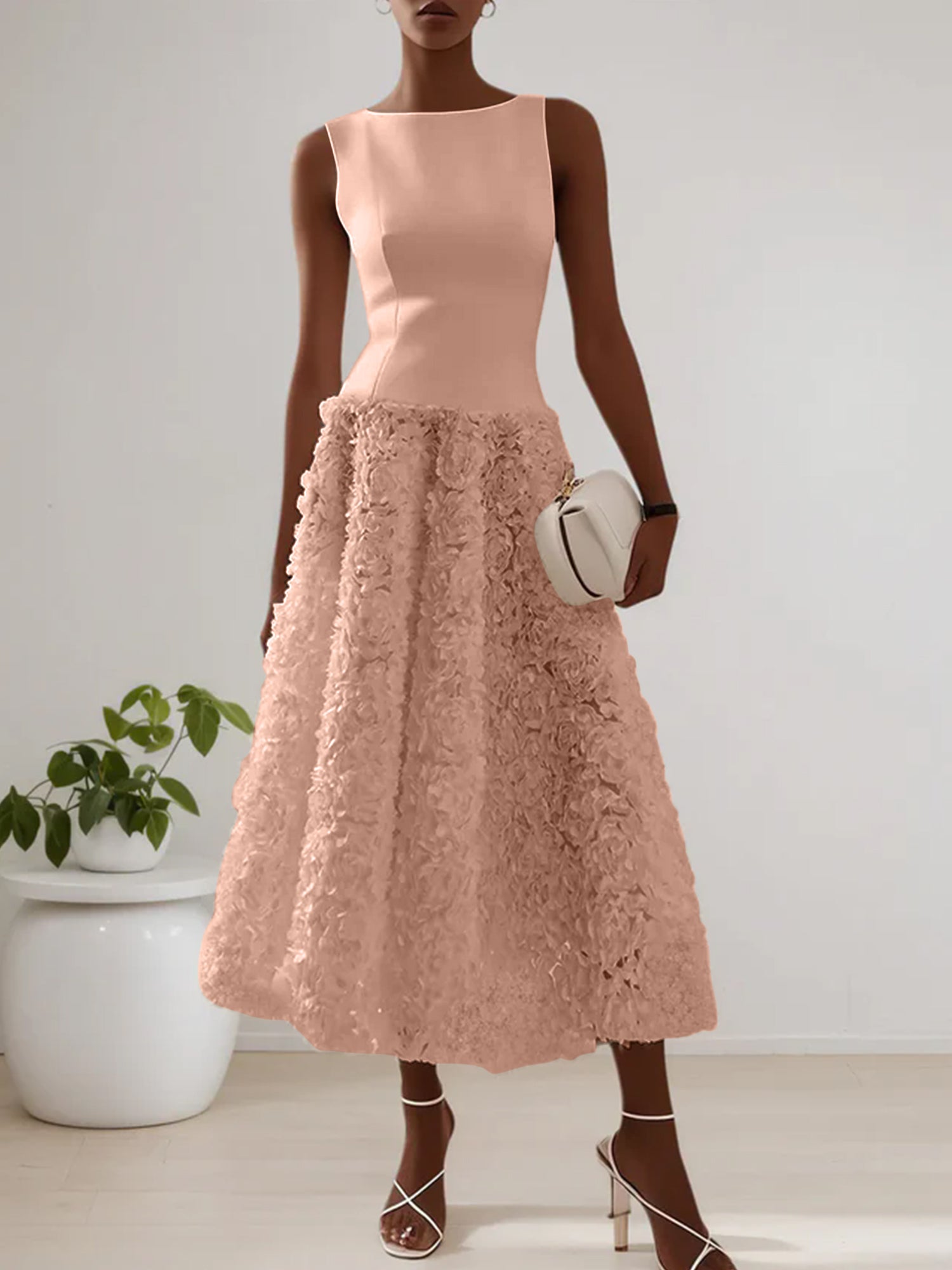 White 3D Floral Boat Neck A-Line Midi Dress