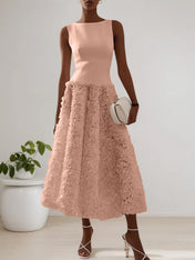 White 3D Floral Boat Neck A-Line Midi Dress