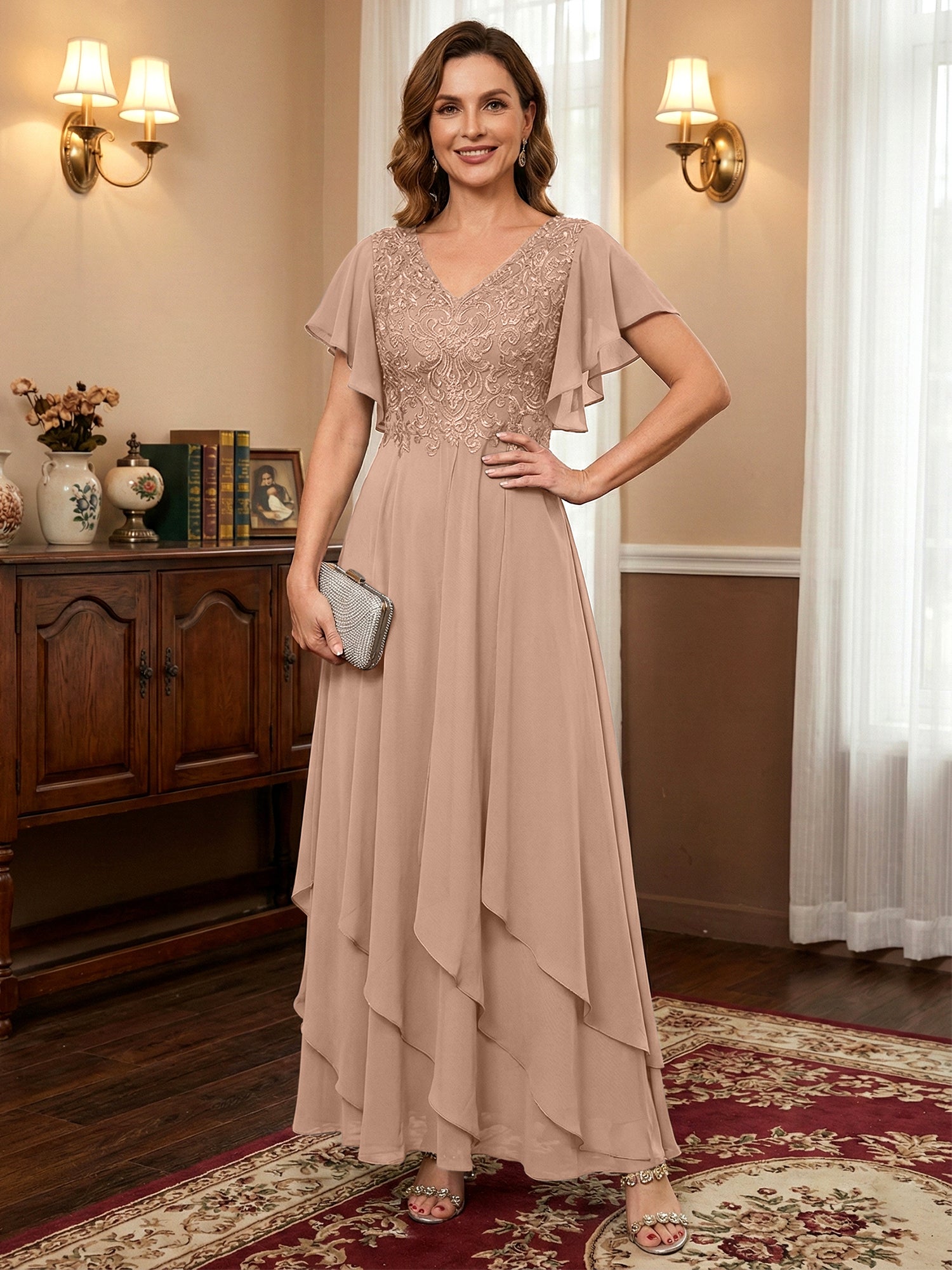 A-line V-Neck Ankle-Length Lace Chiffon Mother of the Bride Dress With Cascading Ruffles