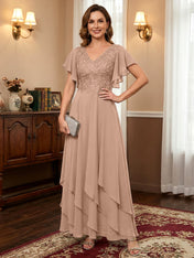 A-line V-Neck Ankle-Length Lace Chiffon Mother of the Bride Dress With Cascading Ruffles