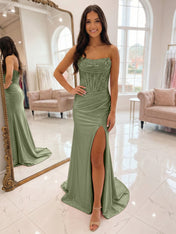 Romantic Pink Satin Corset Slit Prom Dress with Beaded Bodice