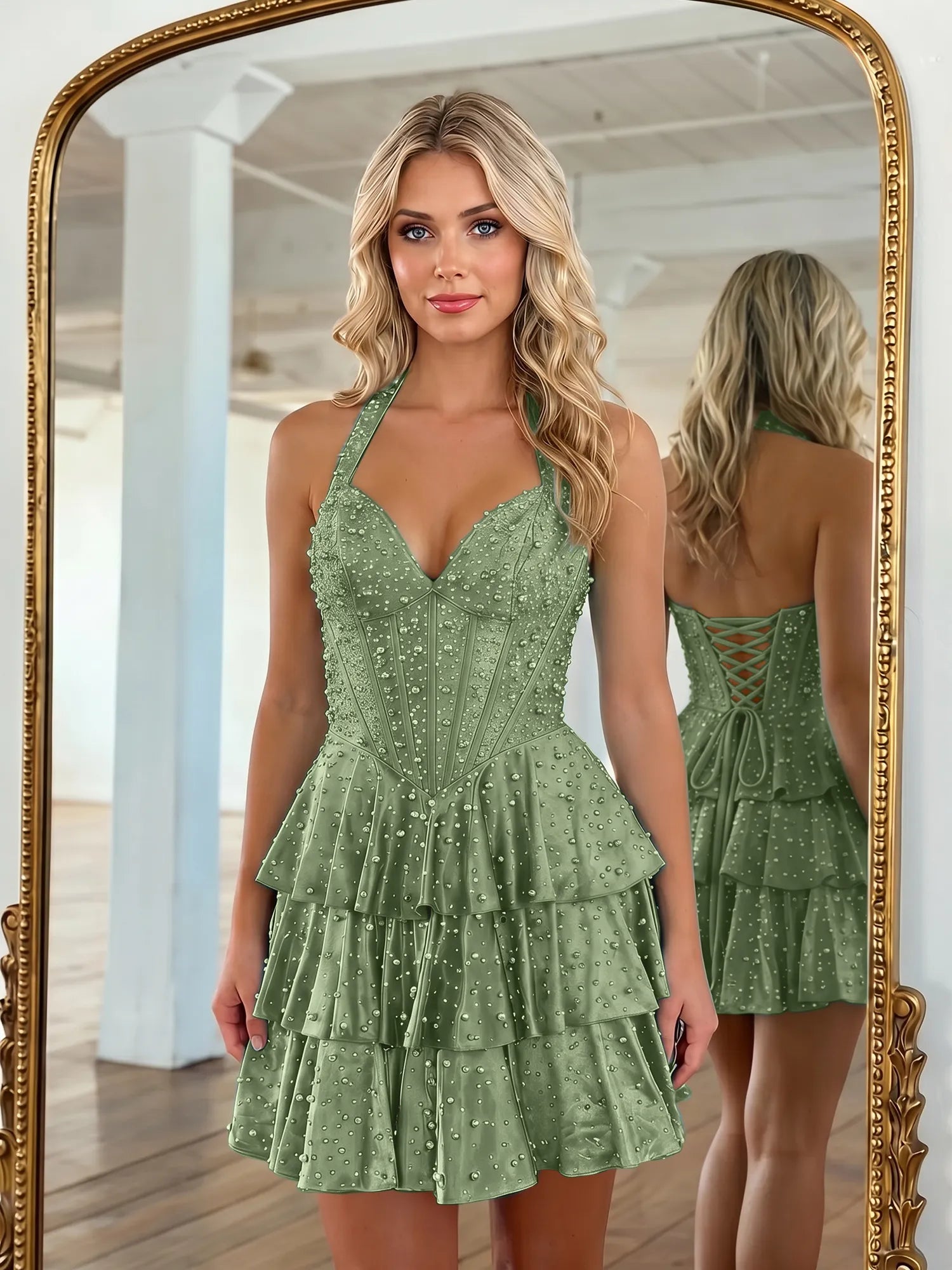 Halter Neck Pearl Beaded Tiered Short Homecoming Dresses