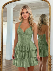Halter Neck Pearl Beaded Tiered Short Homecoming Dresses