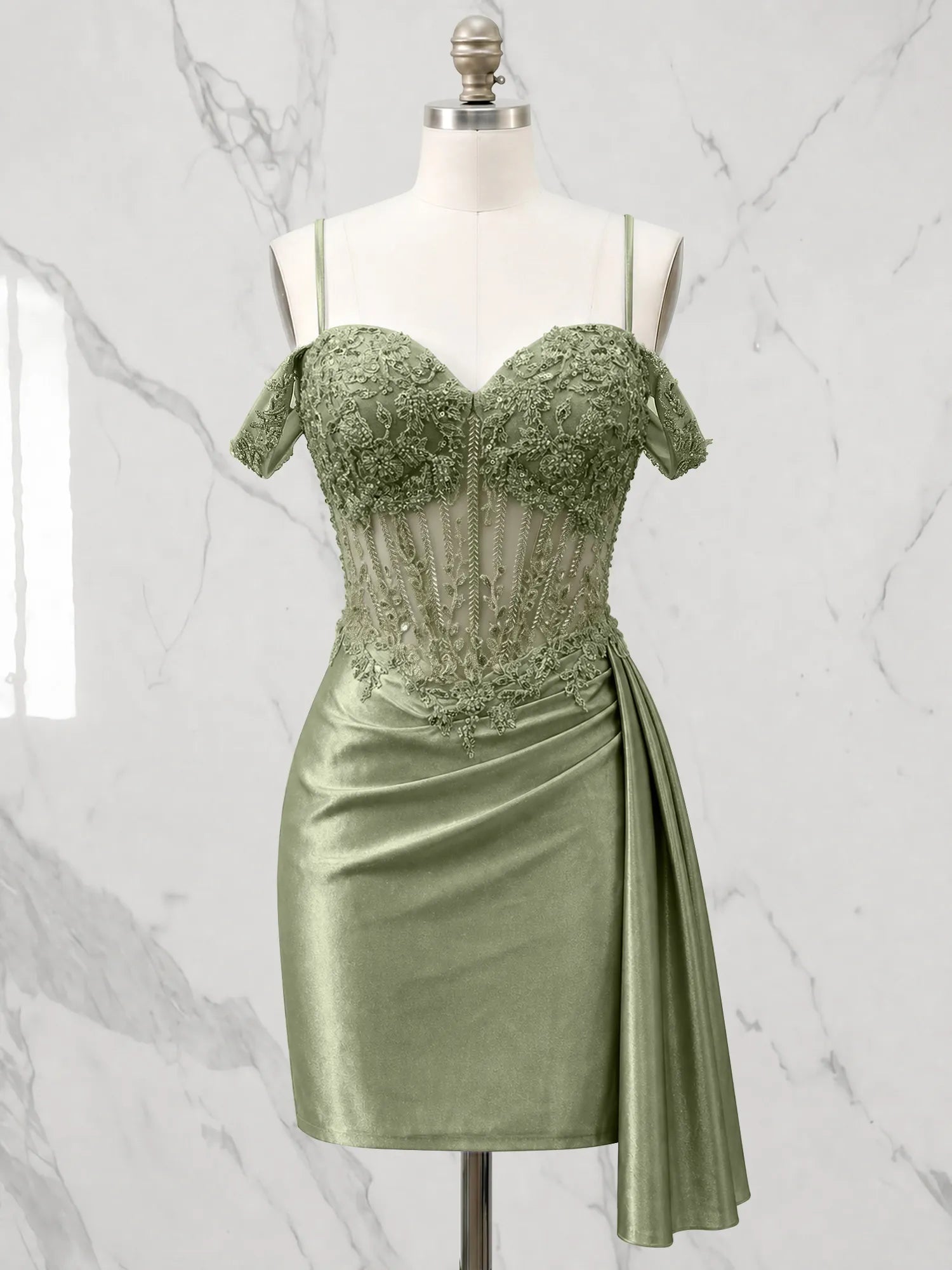Sweetheart Sheer Corset Mini Dress with Cascading Side Drape Homecoming Dresses