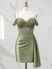 Sweetheart Sheer Corset Mini Dress with Cascading Side Drape Homecoming Dresses