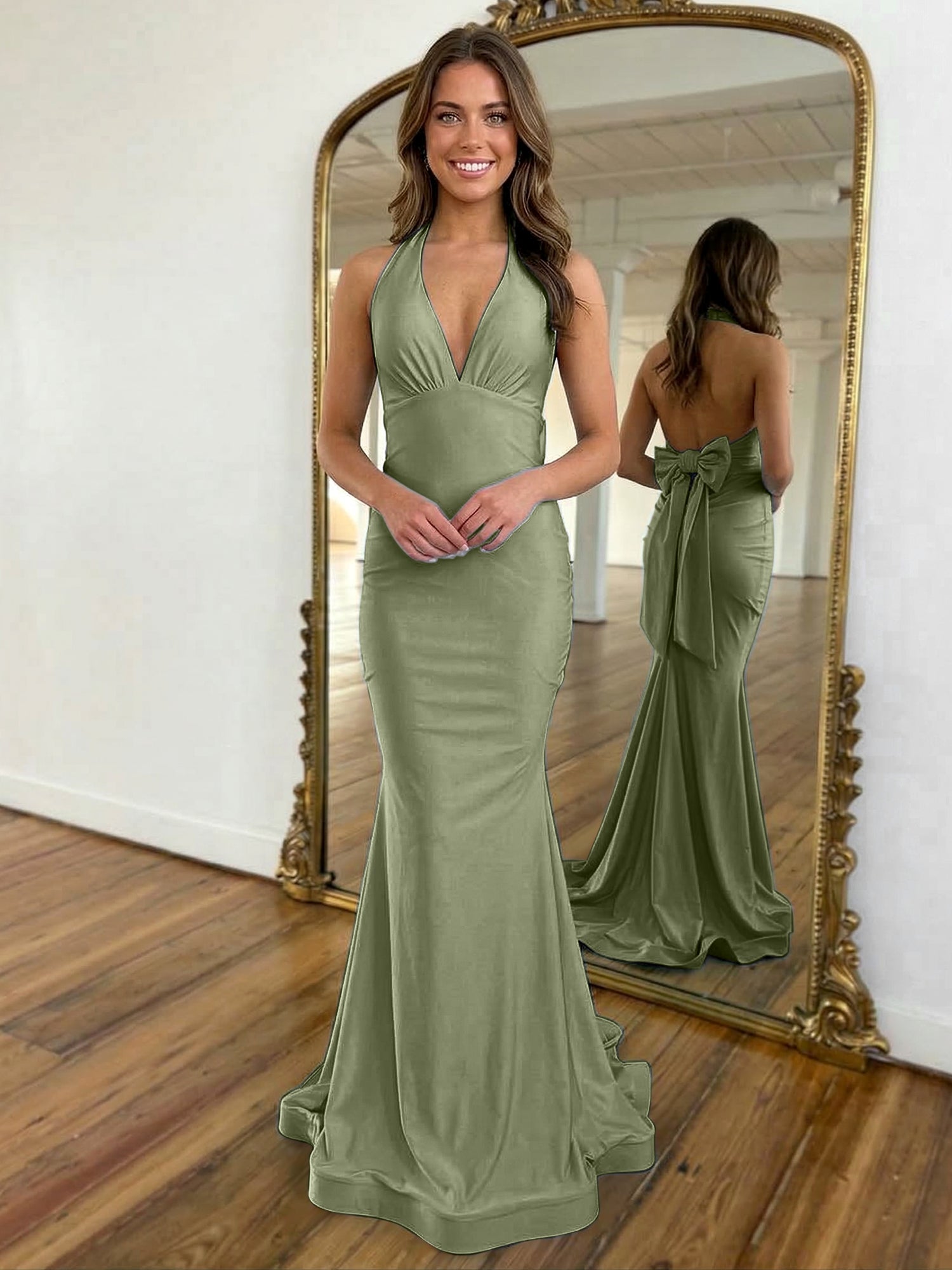 Light Blue Mermaid Halter Backless Long Prom Dress