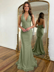 Light Blue Mermaid Halter Backless Long Prom Dress