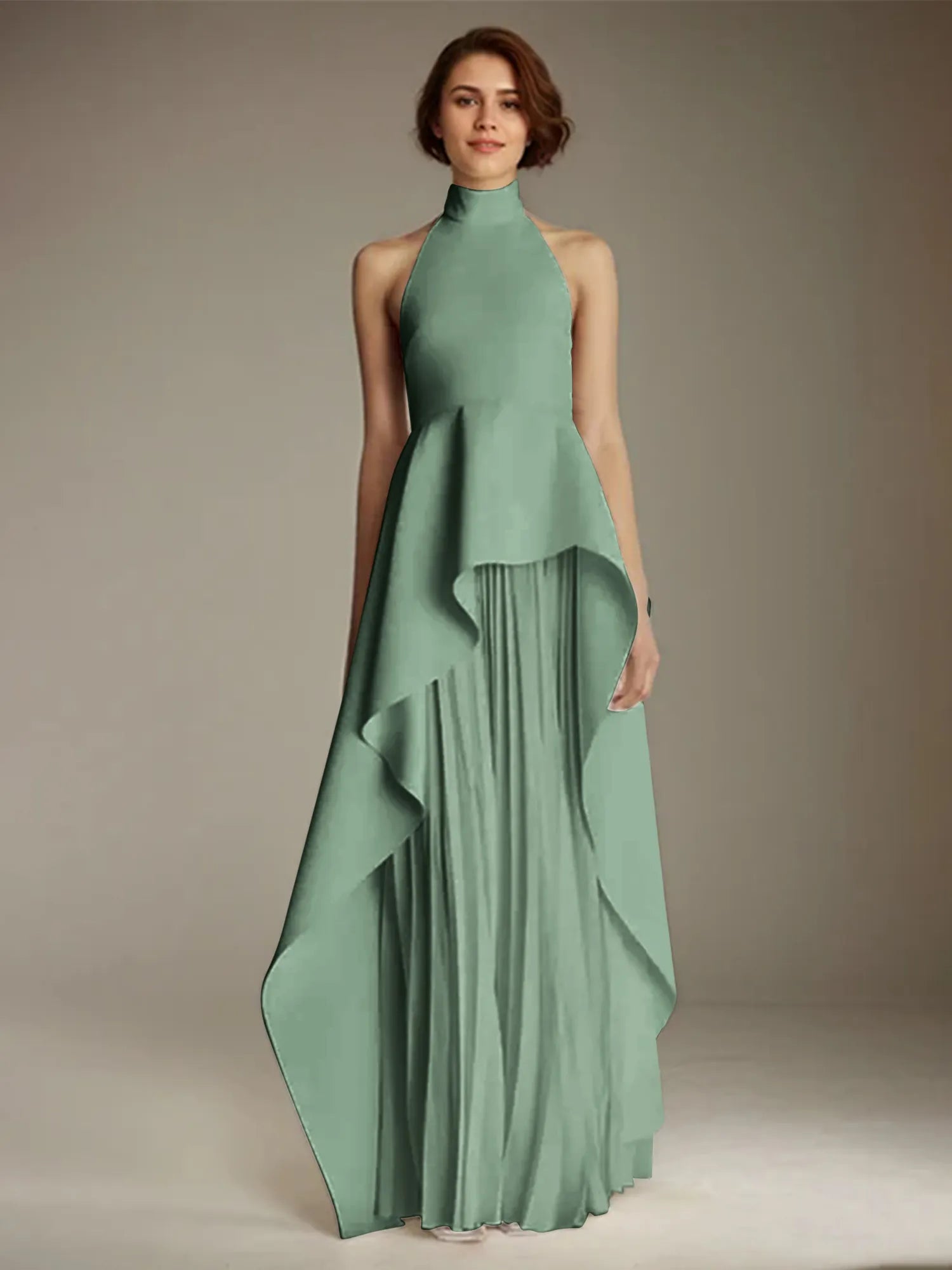 White Sleeveless High Neck Chiffon Long Formal Dress With Ruffles