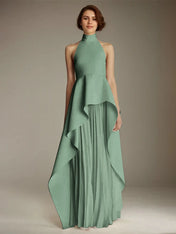 White Sleeveless High Neck Chiffon Long Formal Dress With Ruffles
