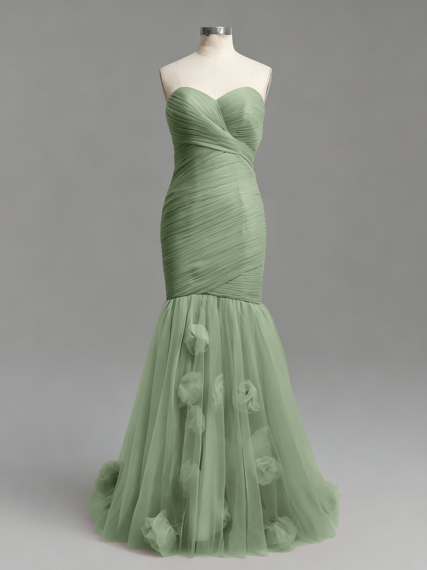 Dusty Rose Mermaid Strapless Ruched Tulle Prom Dress with 3D Floral