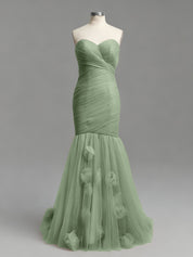 Dusty Rose Mermaid Strapless Ruched Tulle Prom Dress with 3D Floral