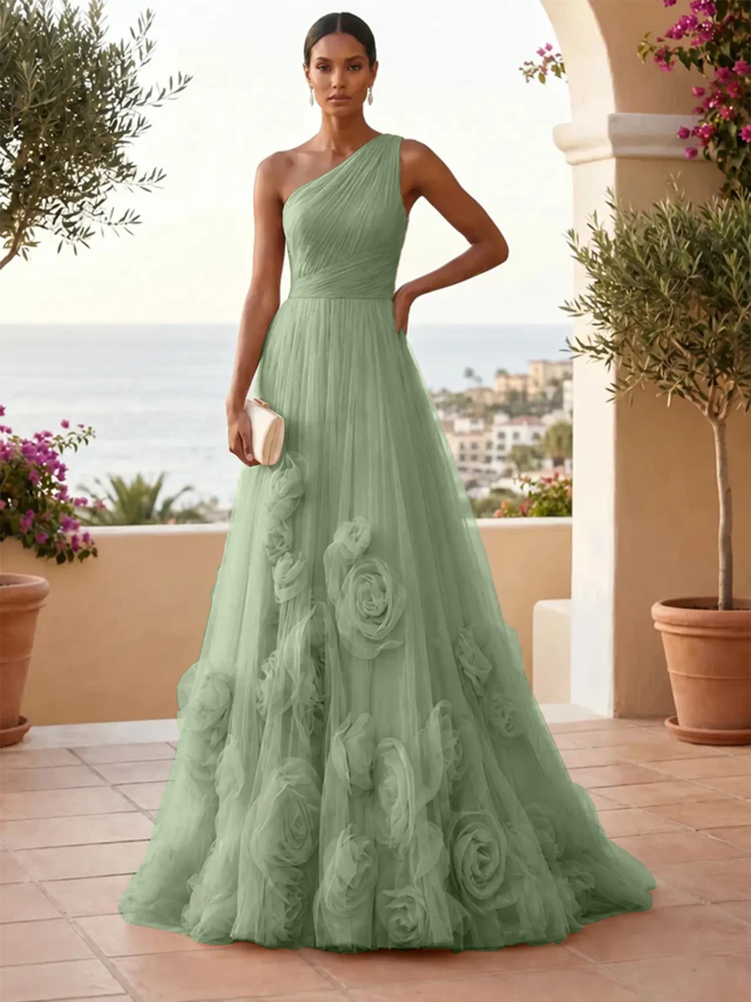 One-Shoulder Sweetheart Tulle Ball Gown with 3D Floral Accents Evening Dresses