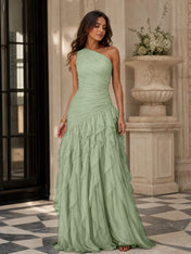 Emerald Green One-Shoulder Ruched Asymmetric Ruffle Chiffon Floor-Length Gown Dress