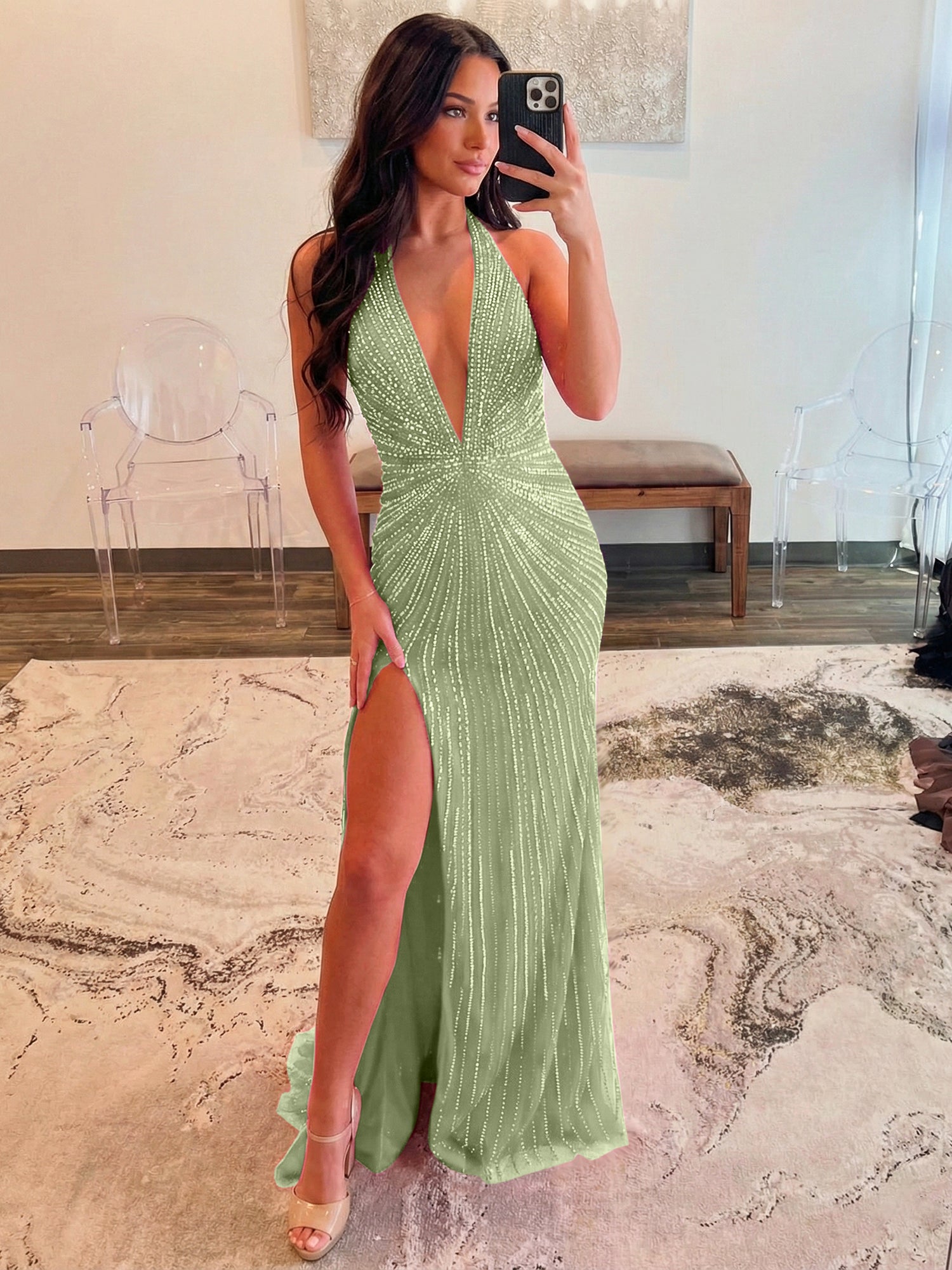 Hot Pink Starburst Beaded Halter Long Prom Dress with Slit