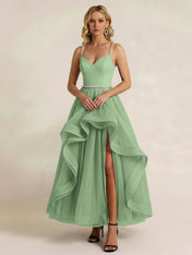 Black Tulle Ruffled A Line Long Formal Dress with Slit