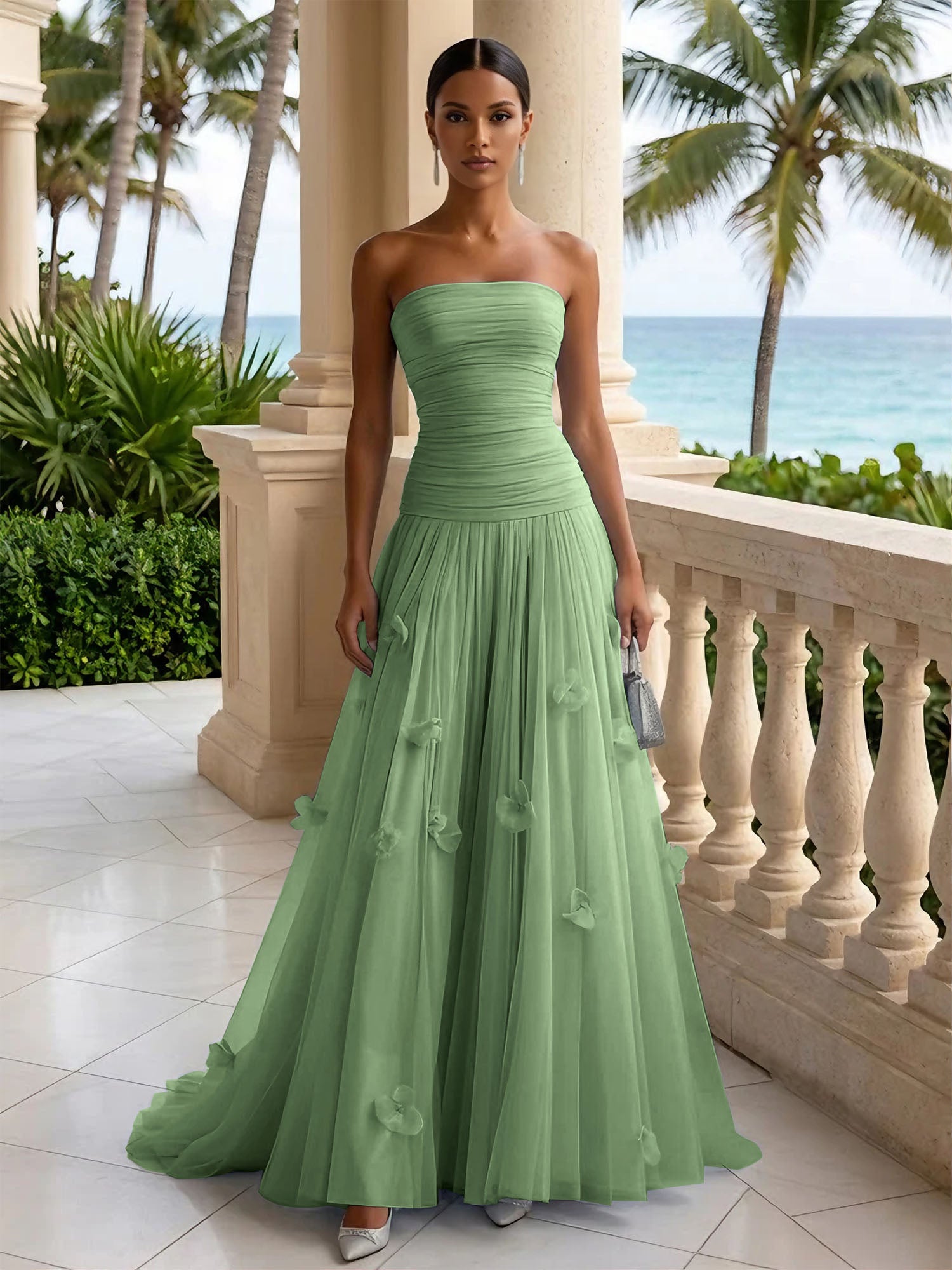 Light Blue Evening Dress with 3D Flower Strapless Pleat Maxi Dress