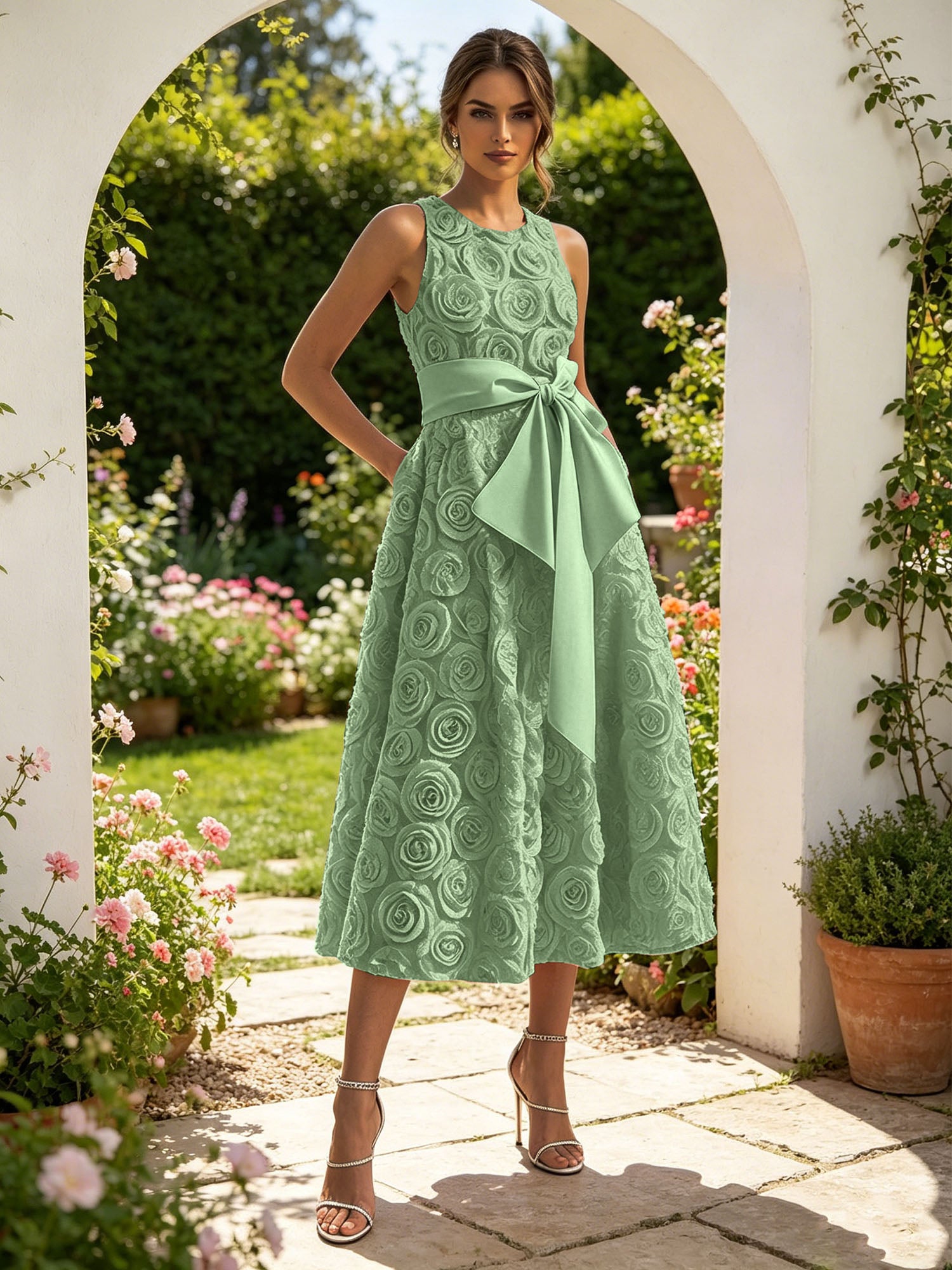 Pink 3D Floral Bow Crew Neck A-Line Midi Dress