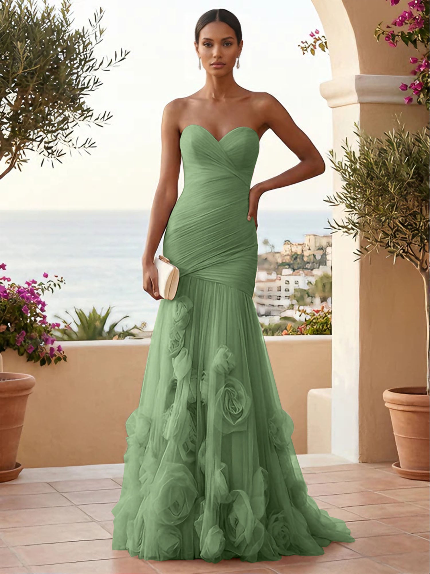Sweetheart Tulle Pleat Mermaid Evening Dresses with 3D Flower
