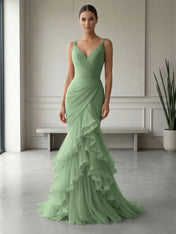 Mauve Folds Tulle Strapless Sleeveless Mermaid Gown Dress