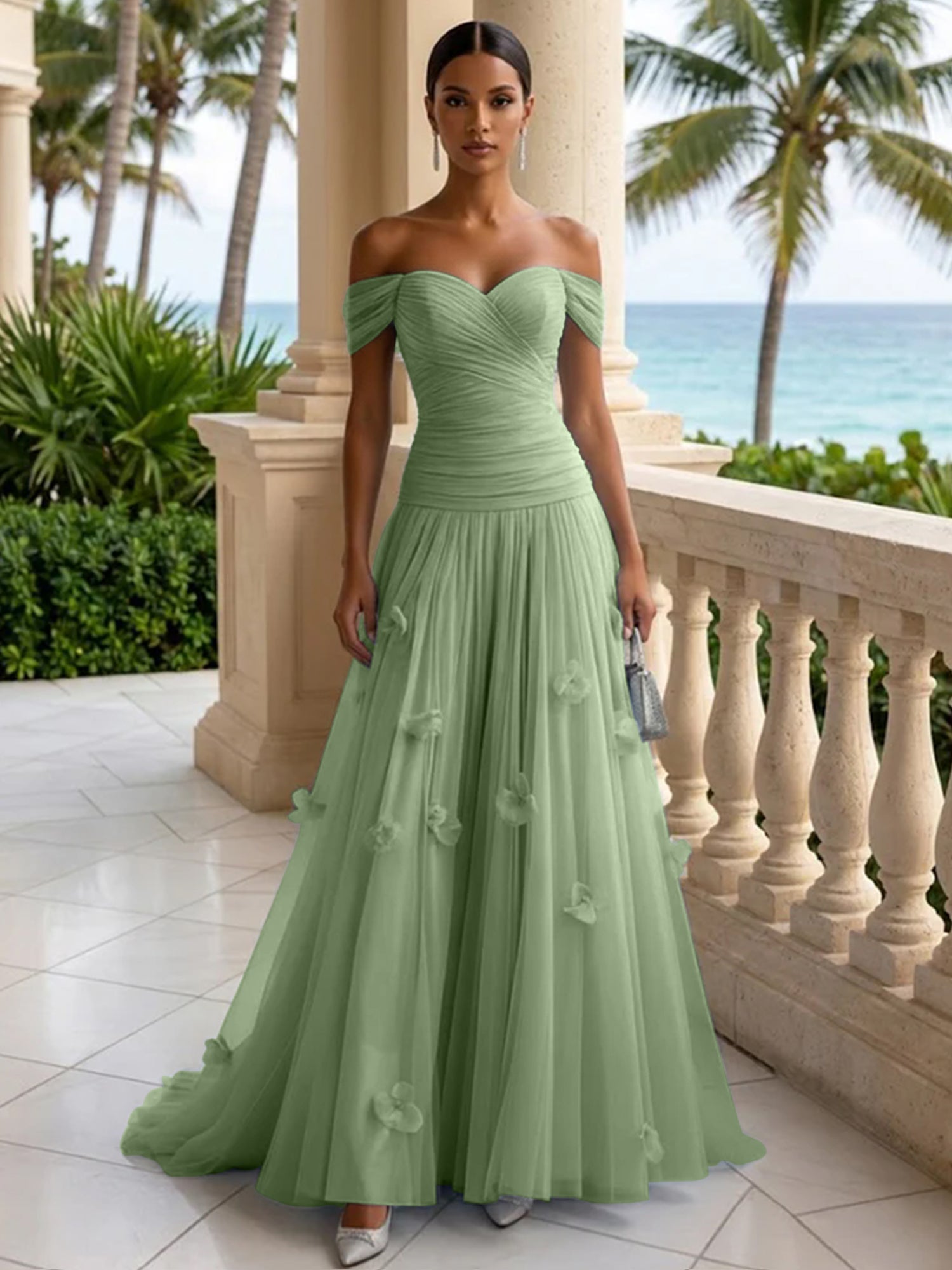 Light Blue Evening Dress with 3D Flower Off The Shoulder Pleat Maxi Dress