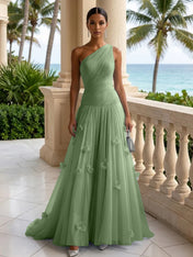Light Blue Evening Dress with 3D Flower One Shoulder Pleat Maxi Dress