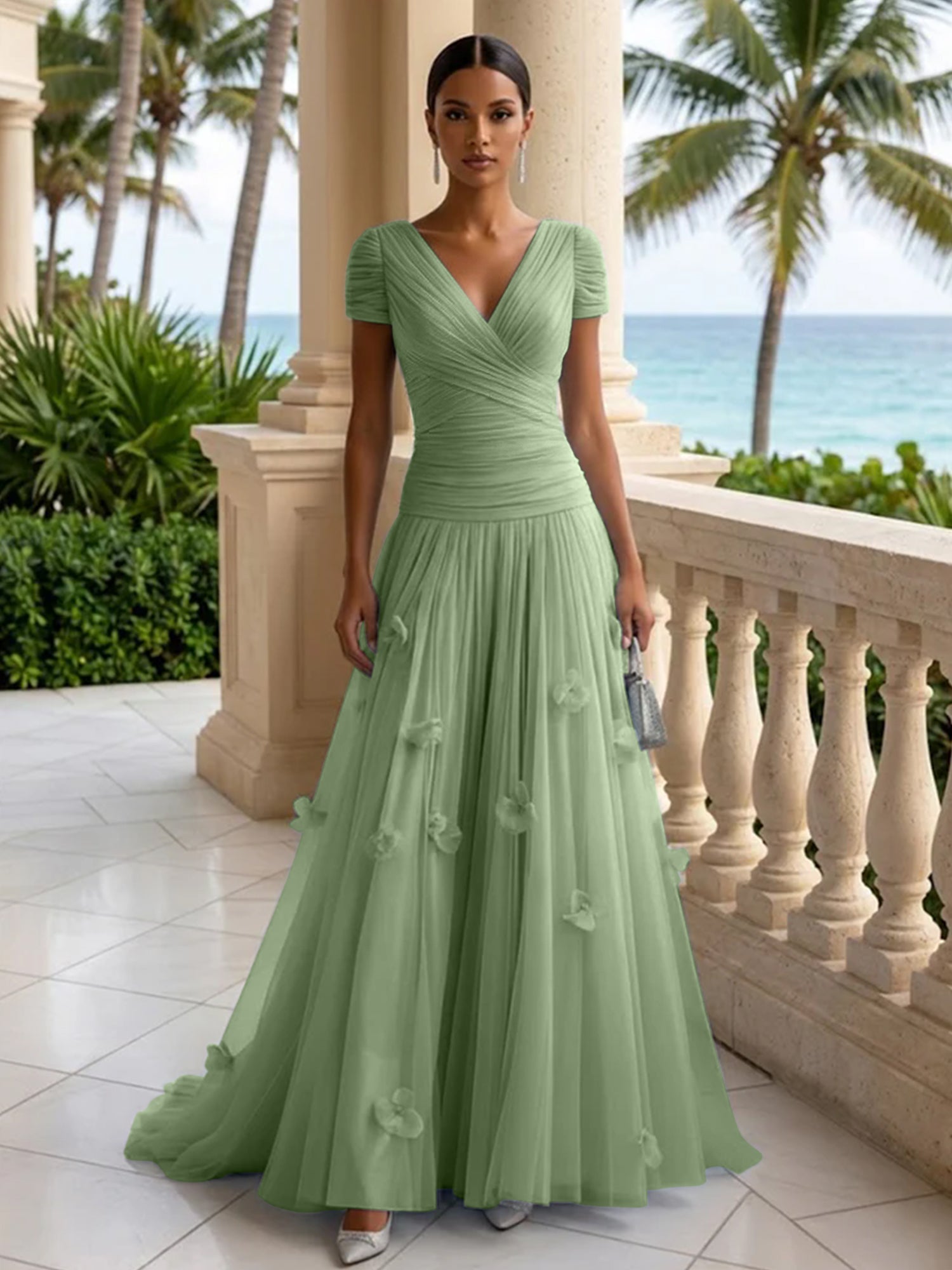 Light Blue Short-Sleeve Tulle Gown Evening Dress with 3D Flower V Neck Pleat Maxi Dress