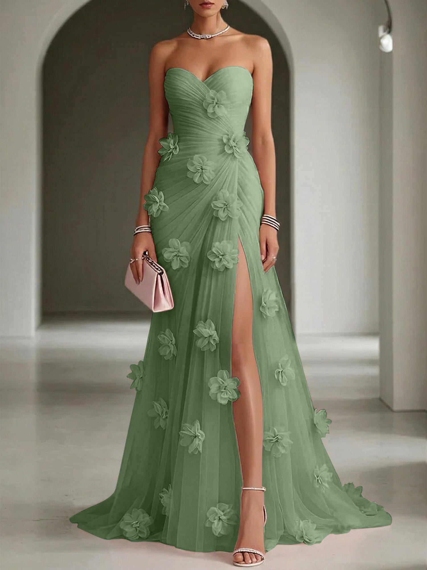Ethereal Blush Slit 3D Floral Strapless Tulle Gown Dress