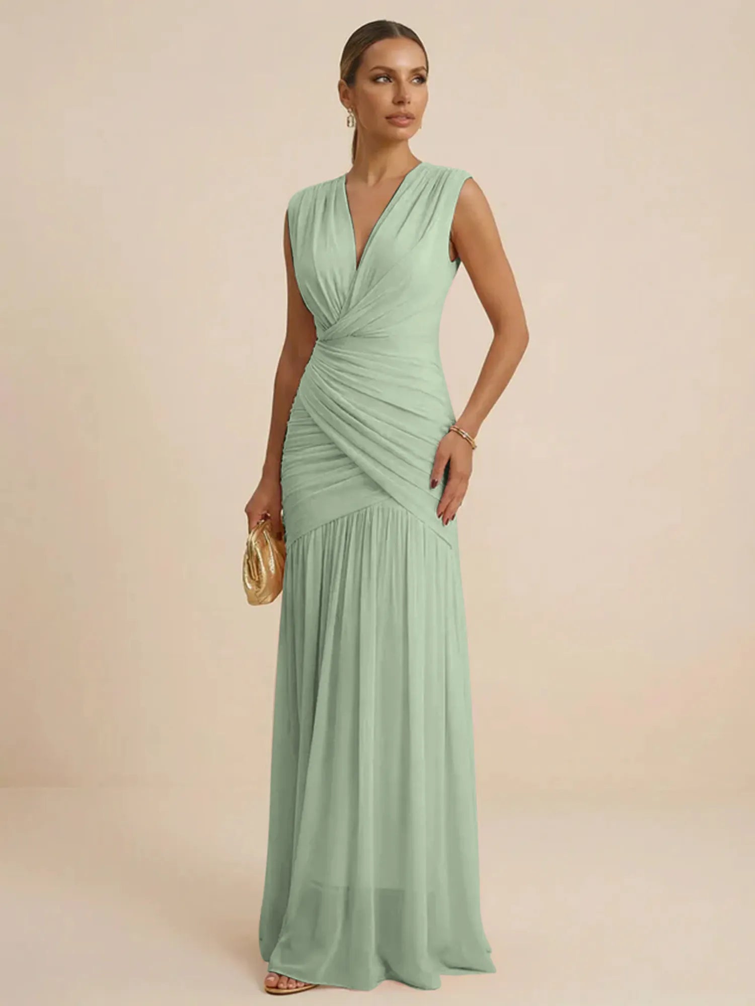 Pink Regular Straps V Neck Chiffon Pleat Mermaid Maxi Dress