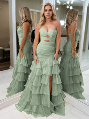 Yellow Strapless Mermaid Cutouts Ruffled Tiered Corset Back Prom Dress with Slit