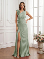 Olive Green Pleated One-Shoulder Prom Dress with 3D Rosettes