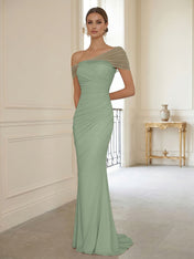 Sophisticated Blush Pink Asymmetrical Ruched Maxi Dress Evening Gown