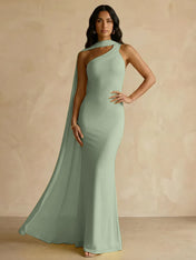 Yellow One-Shoulder Crepe Sheath Gown with Flowing Chiffon Cape Train