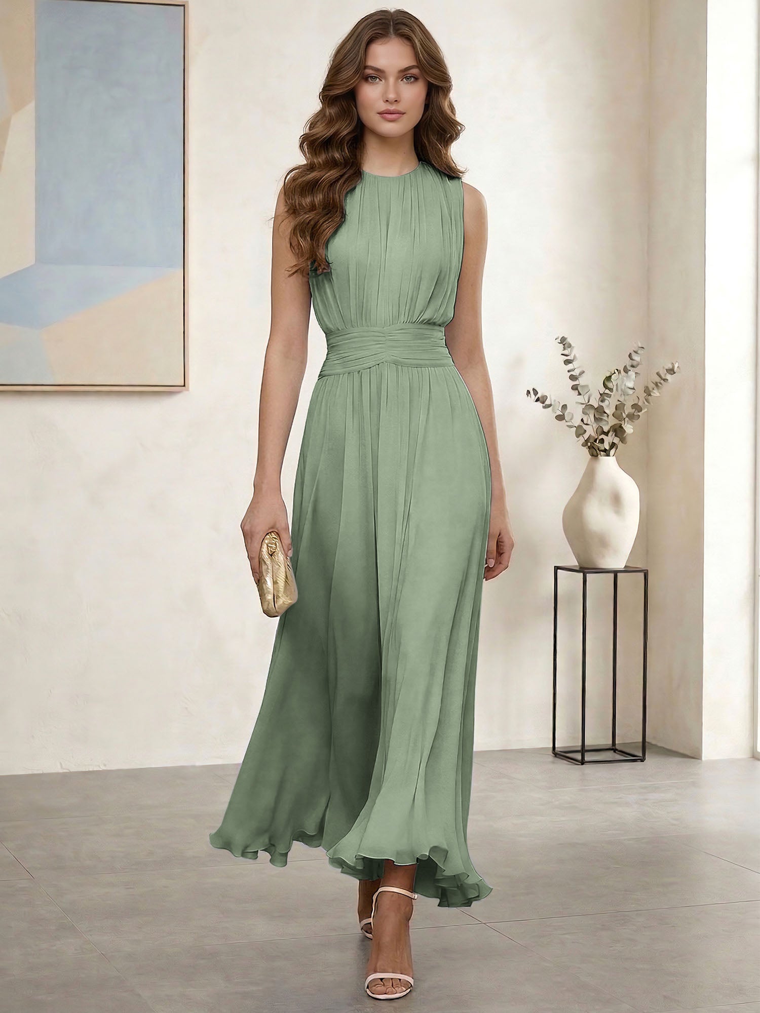 Ethereal Formal Evening Dress Ice Blue Pleated Chiffon Maxi Gown