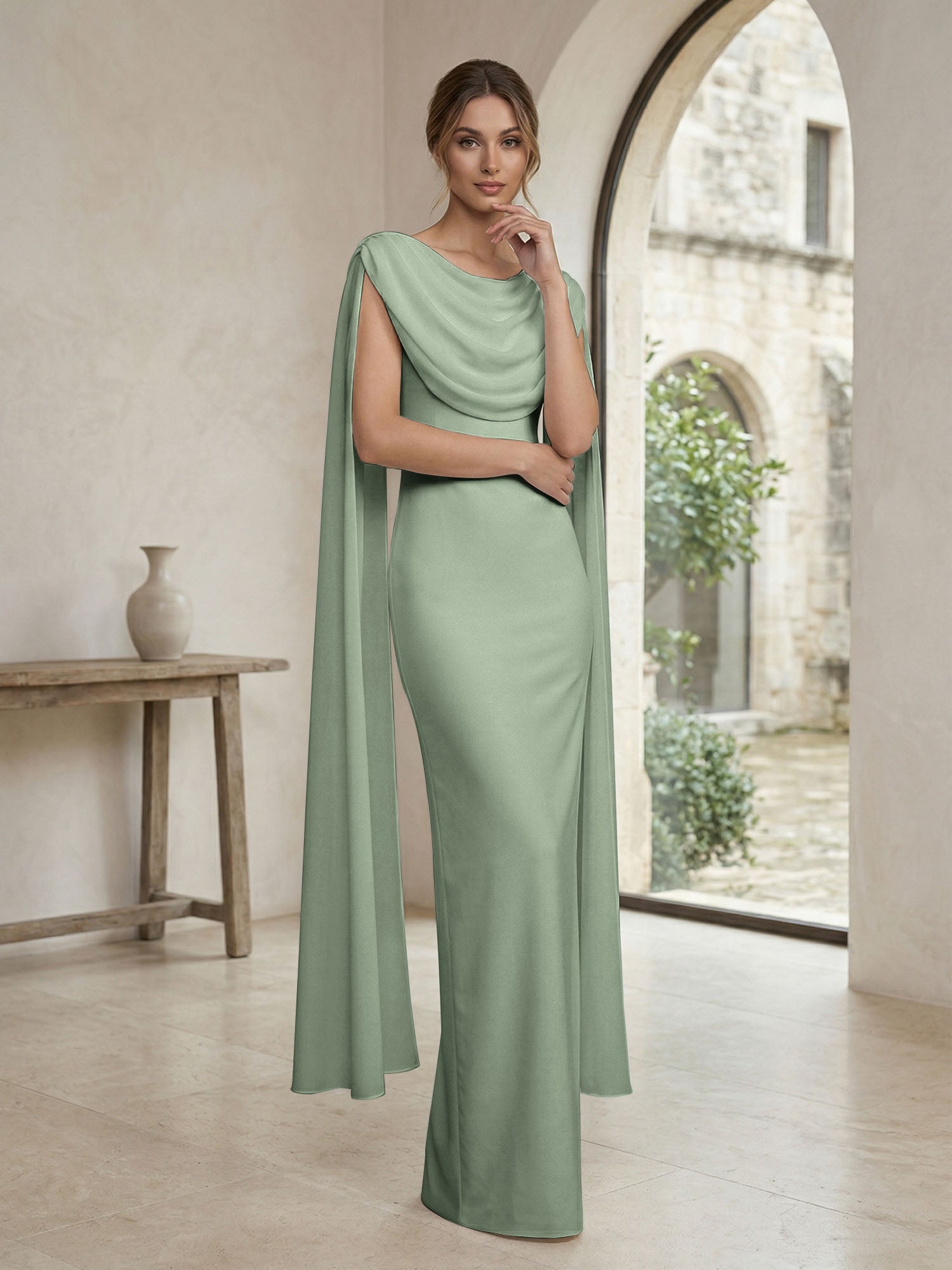Ivory Draped Cowl Neck Cape Gown Maxi Dress