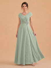 V-Neck Ruched Chiffon A-Line Mother of the Bride Dress with Crystal Brooch