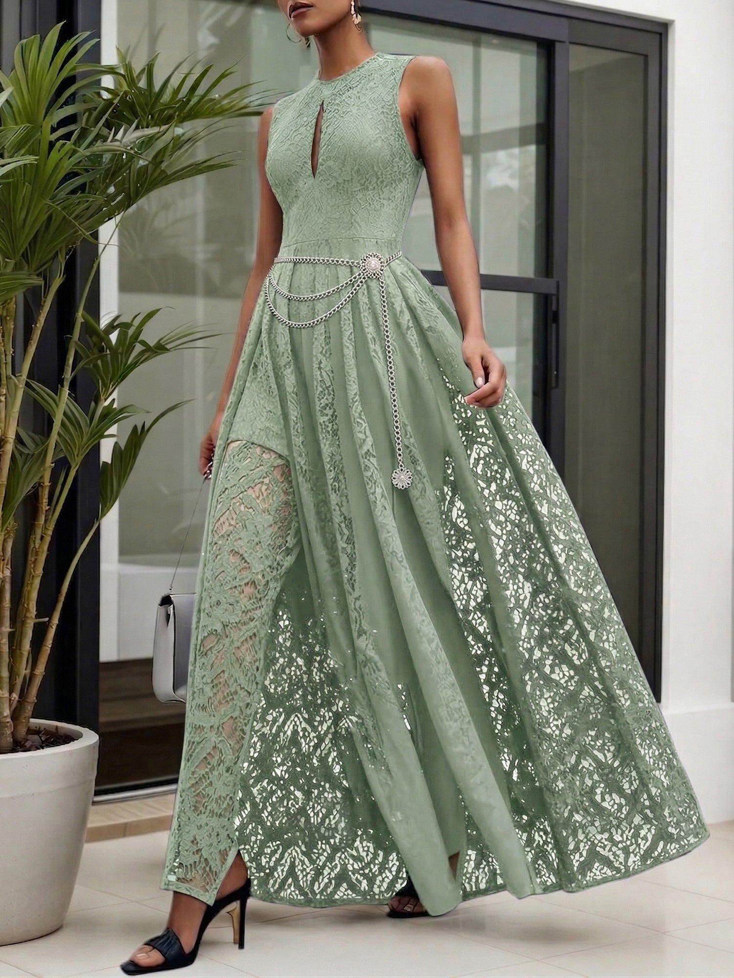 Midnight Black Lace Hollow Out Crew Neck Sleeveless A-Line Maxi Dress