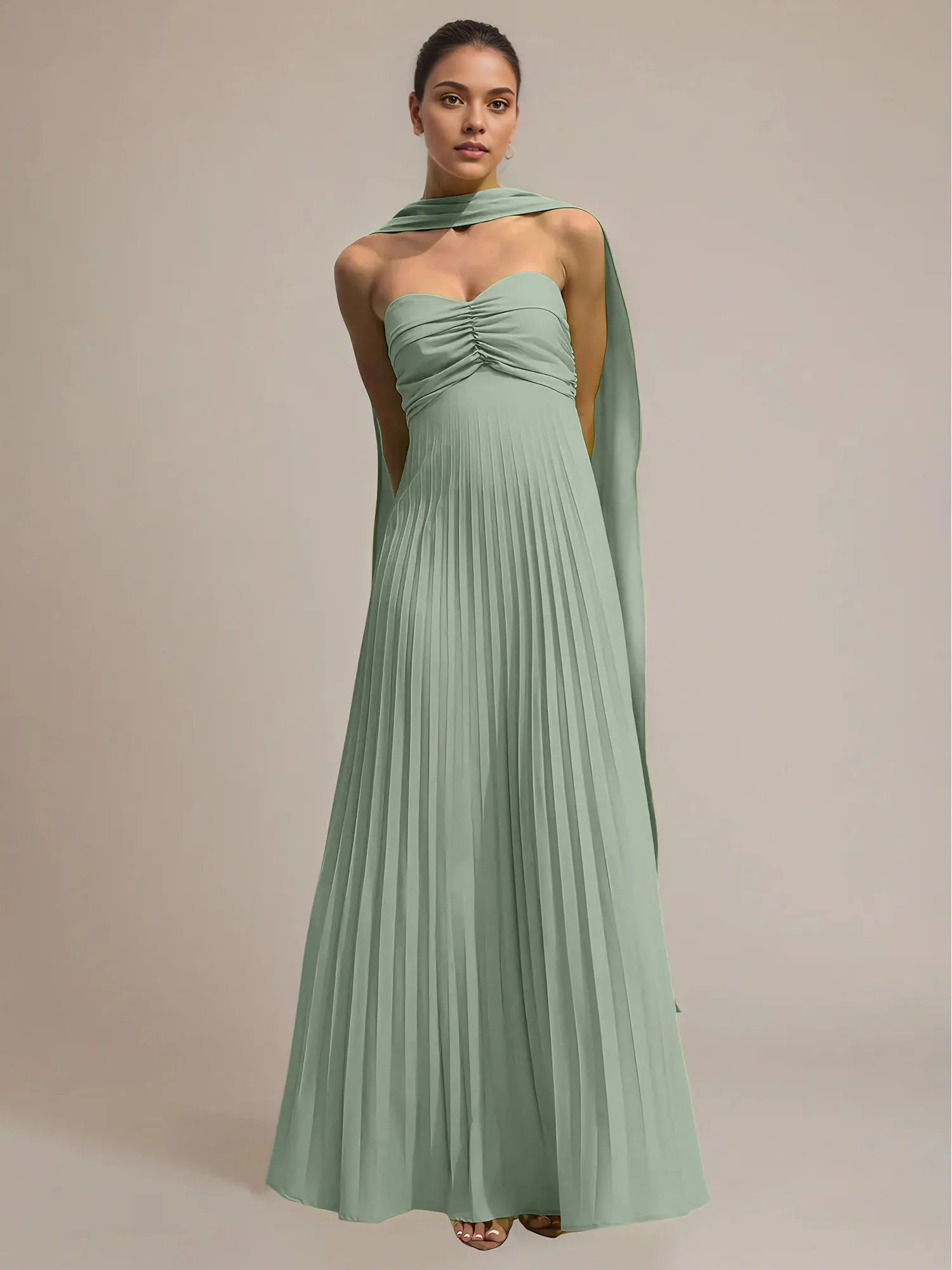 Green Chiffon A Line Off The Shoulder Sleeveless Floor Length Pleated Dress