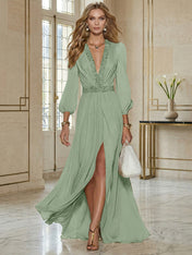 Elegant Beige Chiffon V-neck With Rhinestone Embellishments And A Side Slit Maxi Dress