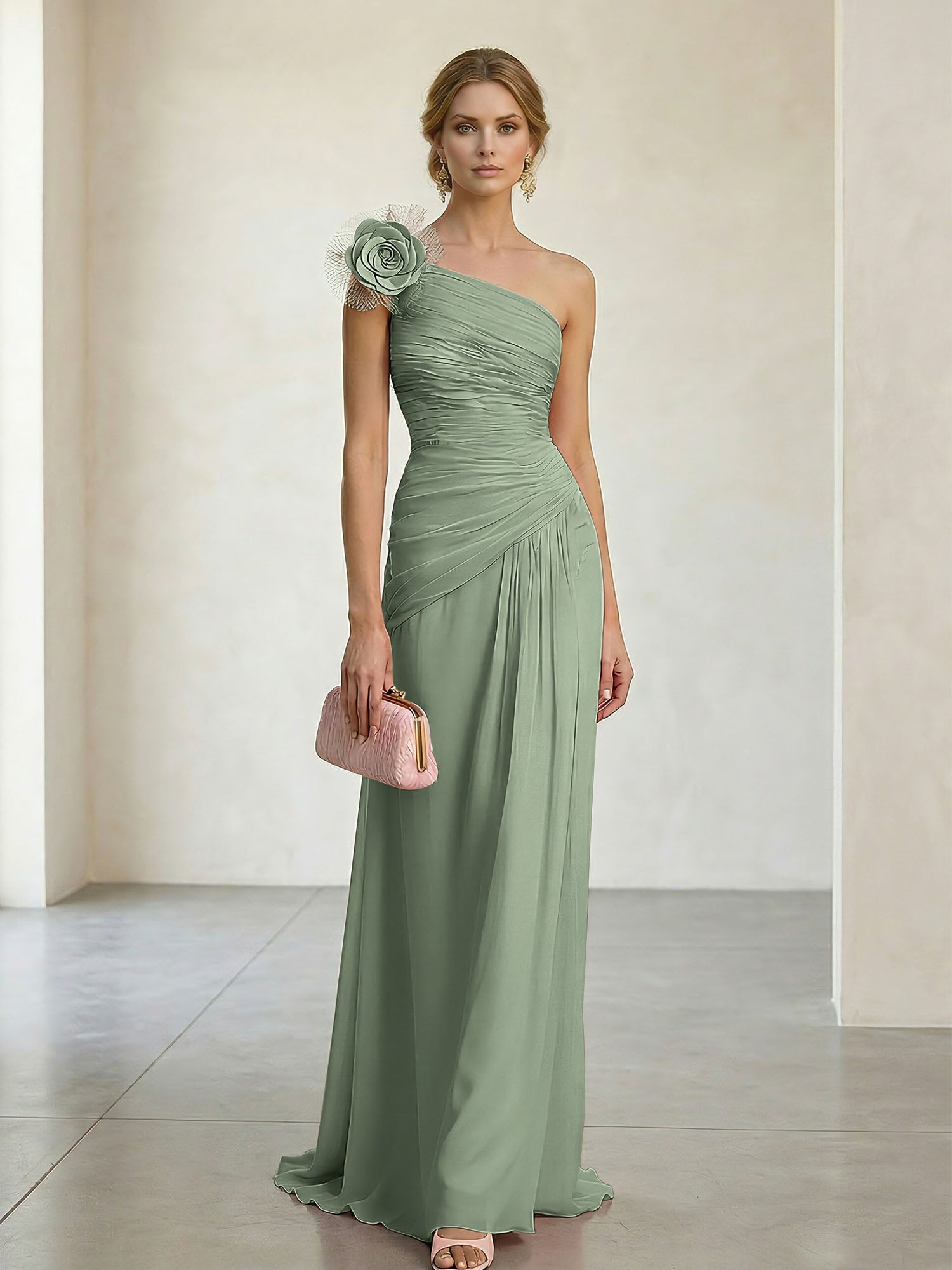 Blush Pink One-Shoulder Ruched 3D Floral Gown Dress