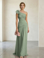Blush Pink One-Shoulder Ruched 3D Floral Gown Dress