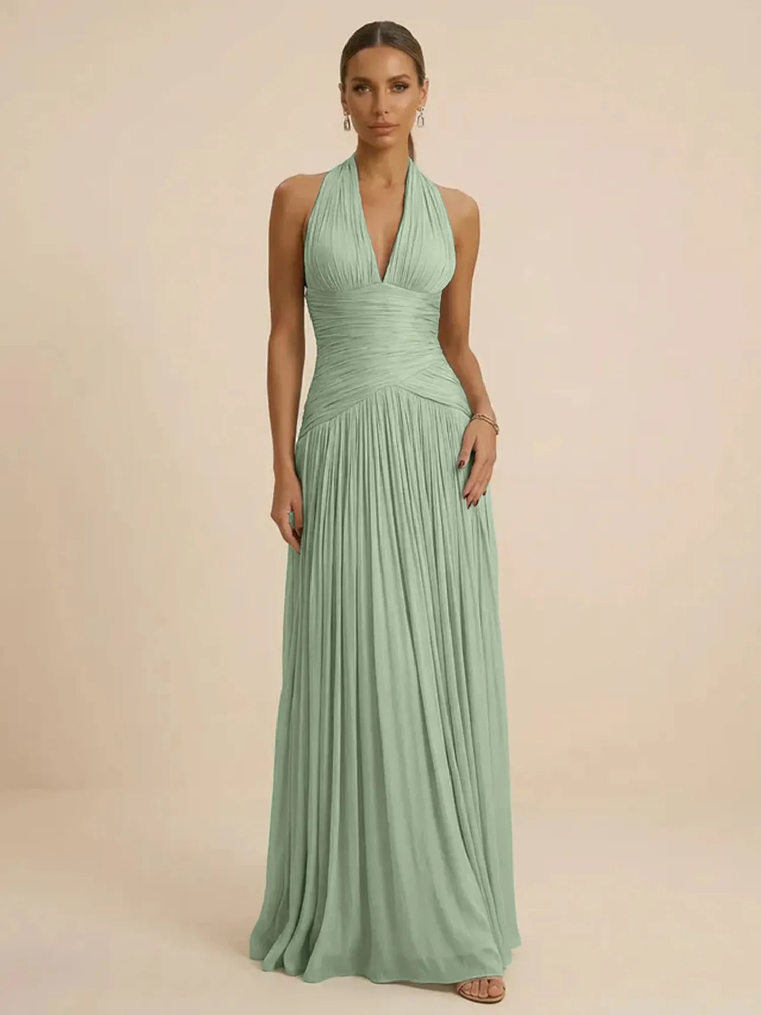 Sage Green Halter Neck Pleated Chiffon Evening Gown with Ruched
