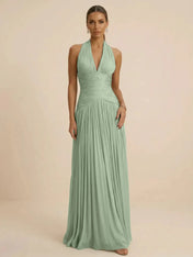 Sage Green Halter Neck Pleated Chiffon Evening Gown with Ruched