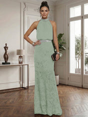 Purplish Rhinestone Ruched Lace Halter Sleeveless Mermaid Gown Dress