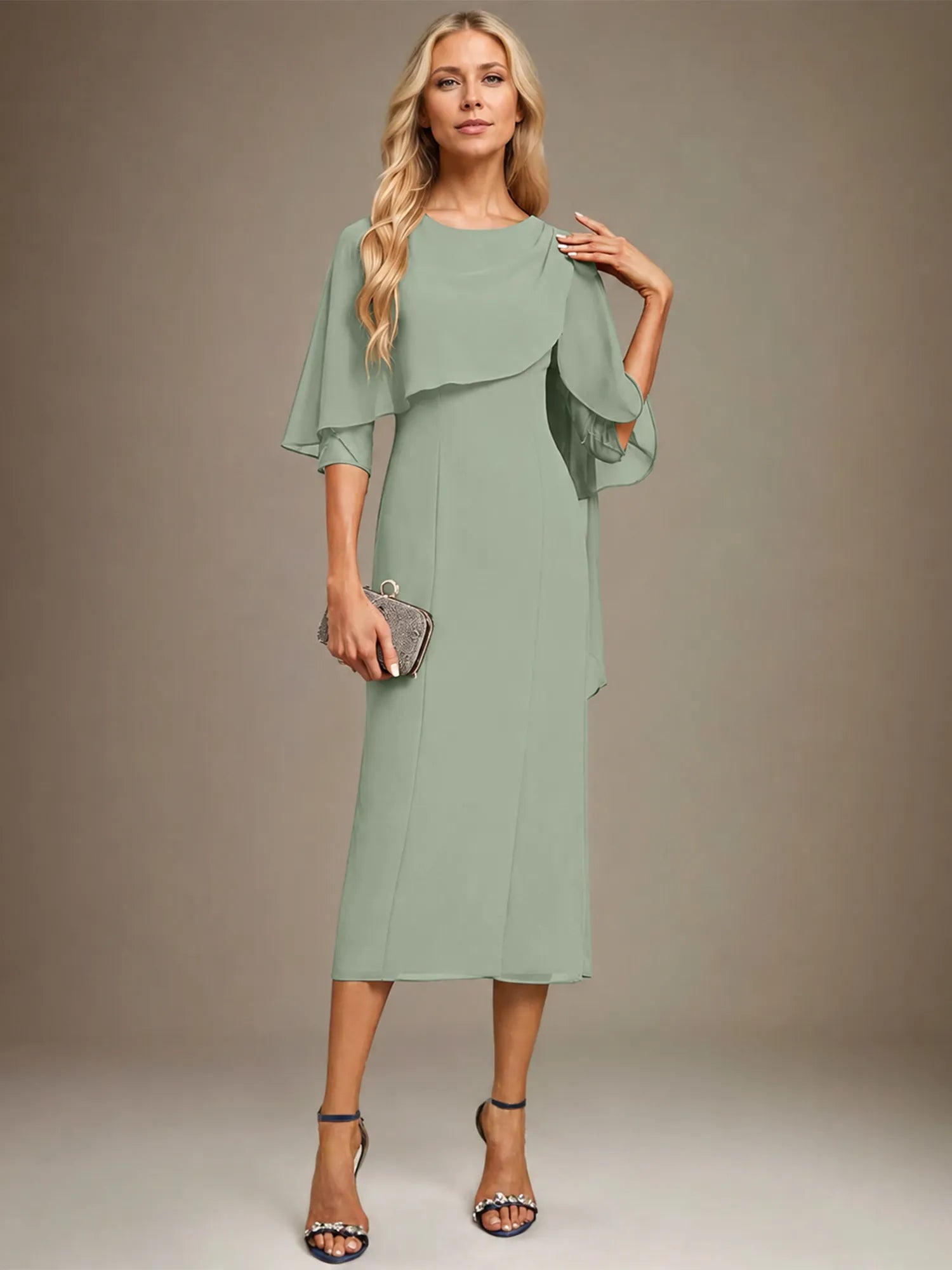 Column Scoop Tea Length Chiffon Dress With Pleated Beading