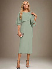 Sheath/Column Scoop Tea Length Chiffon Dress With Pleated Beading